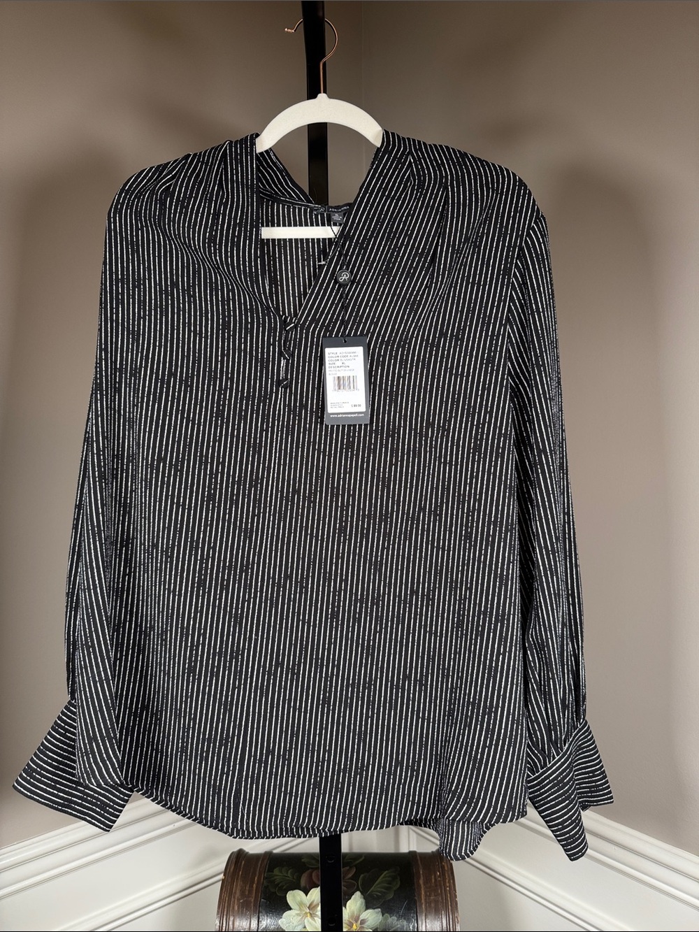Adrianna Papell Black White Striped V-Neck Blouse NWT XL